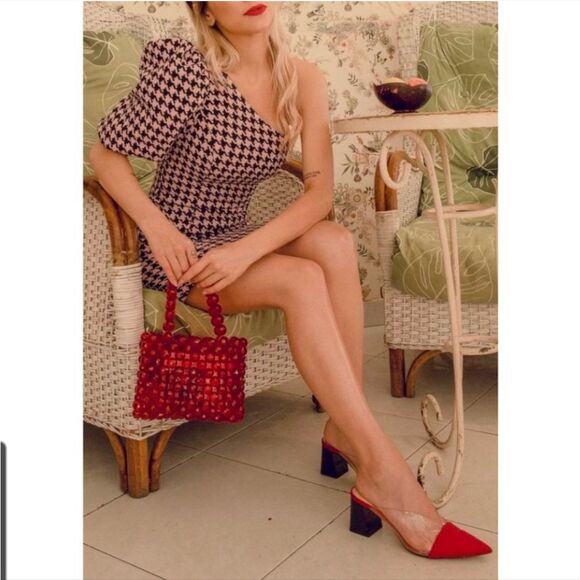 Majorelle Kirsten Mini Dress in Pink Multi Houndtooth One Shoulder XL - Picture 3 of 8